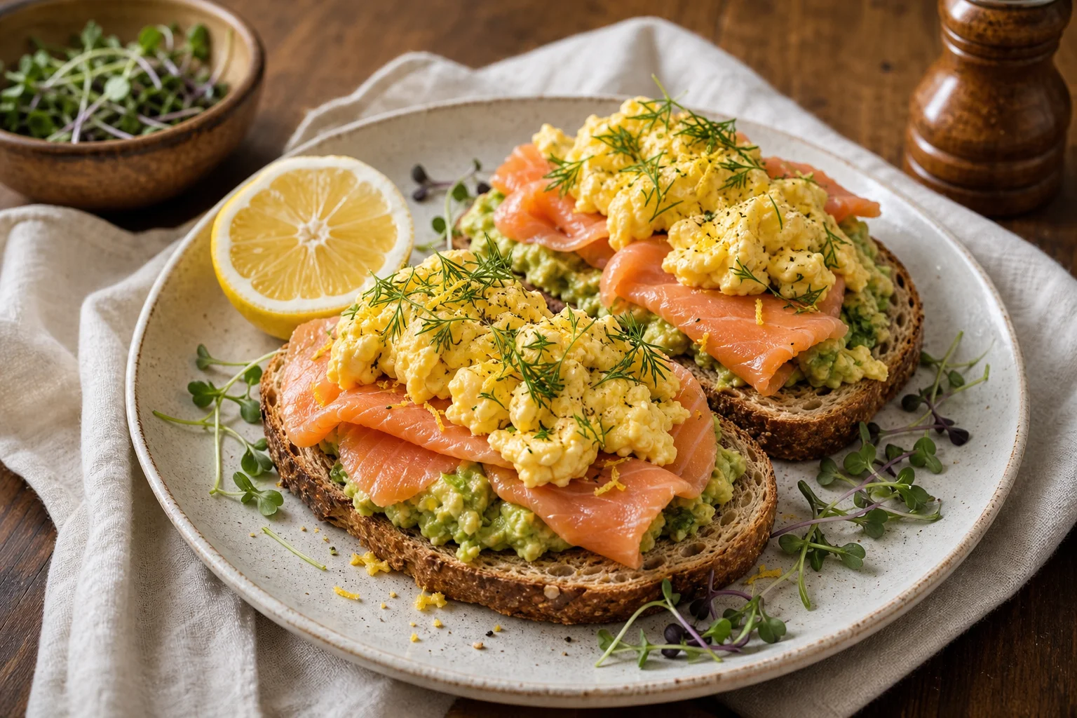Ouă cu somon și avocado pe toast integral
