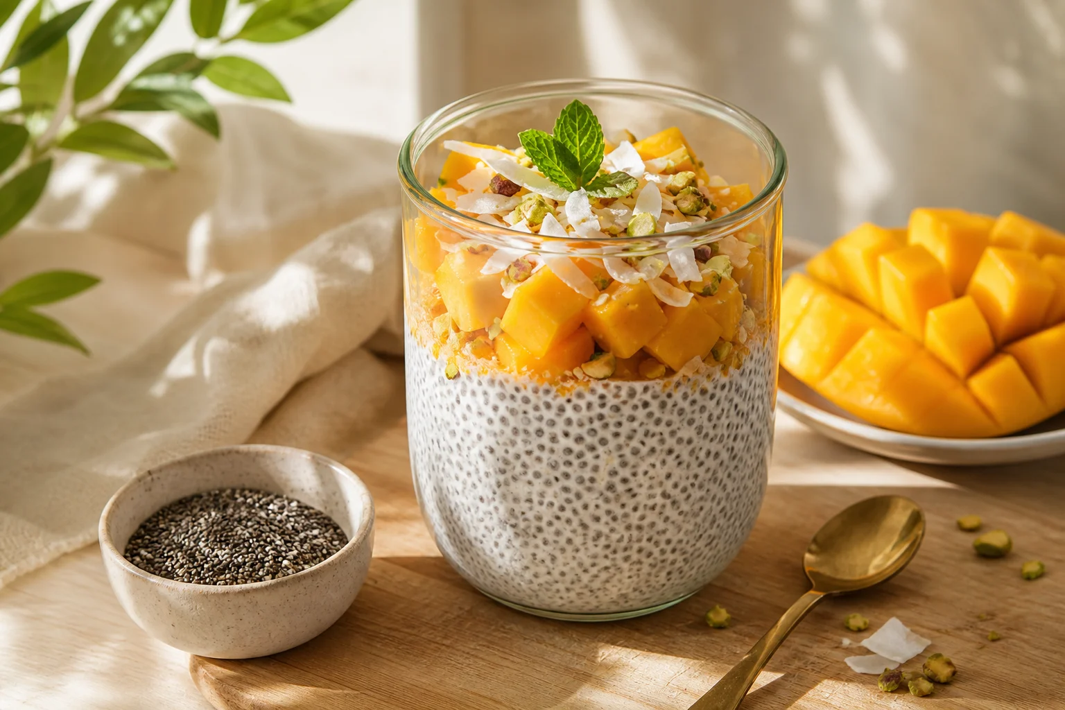 Budincă de chia cu mango și lapte de cocos