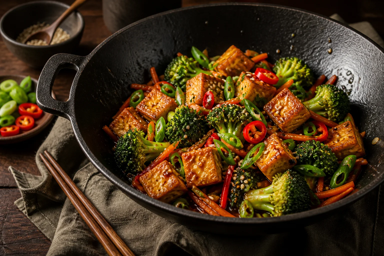 Tofu stir-fry cu broccoli și susan