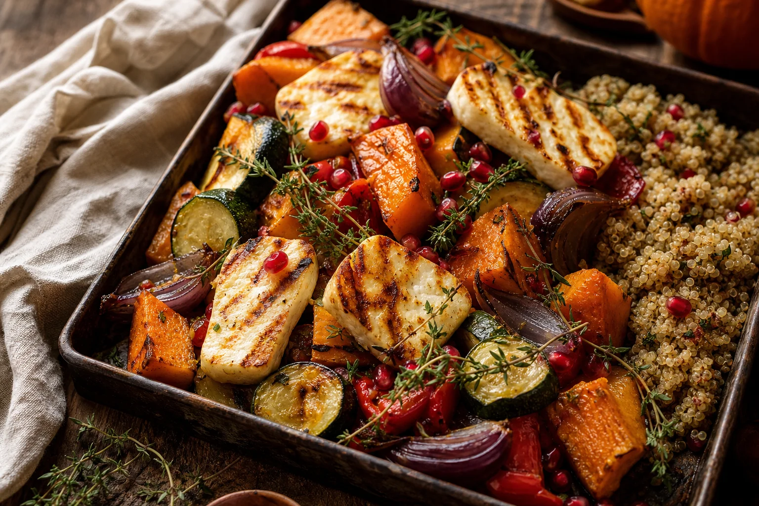 Legume la cuptor cu halloumi și quinoa