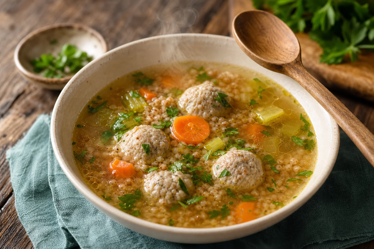 Supă de legume cu hrișcă și chifteluțe de pui