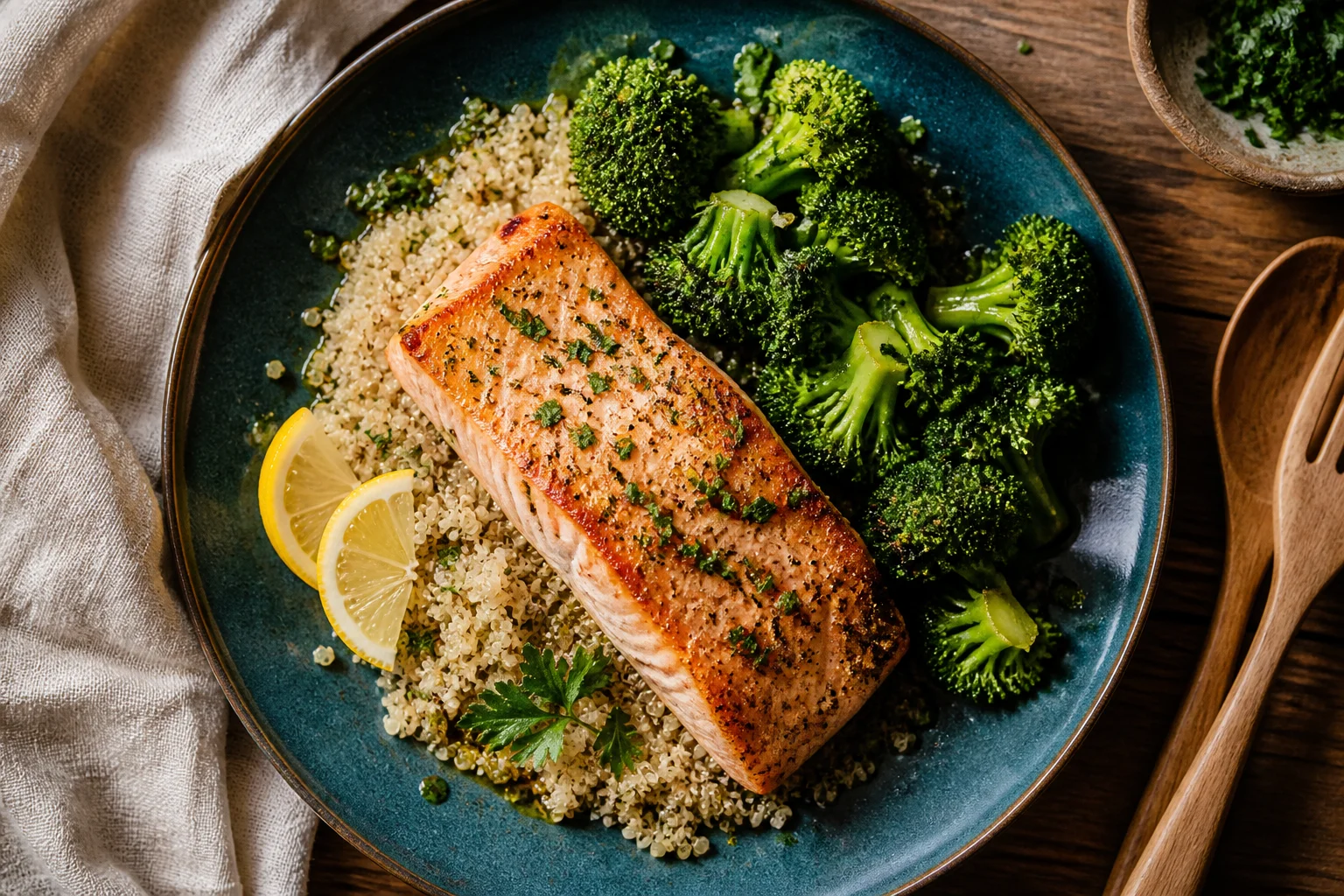 Somon la cuptor cu quinoa și broccoli
